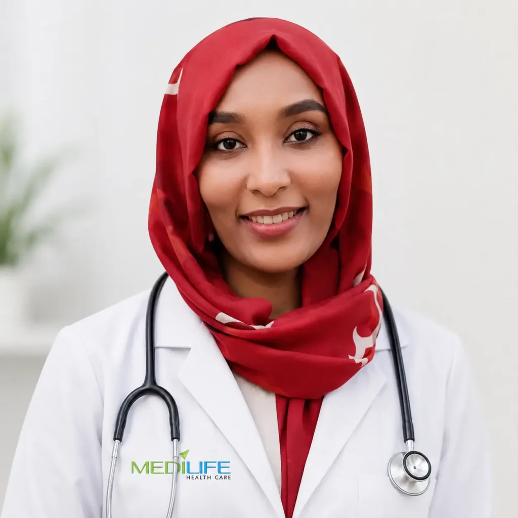 Dr. Mauada Siddig, DHA-licensed General Practitioner at Medilife HomeCare Dubai, wearing a white coat and stethoscope