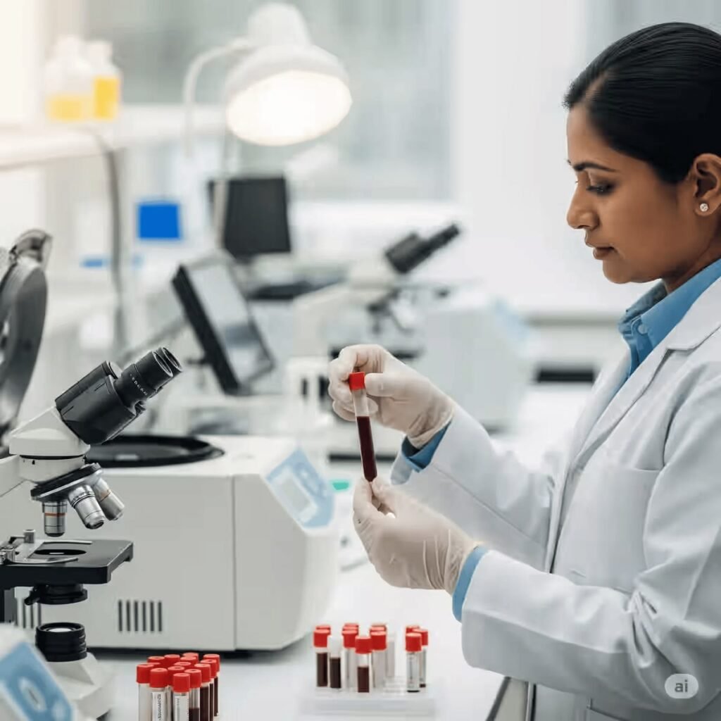 Lab technician collecting blood sample for home testing in Dubai