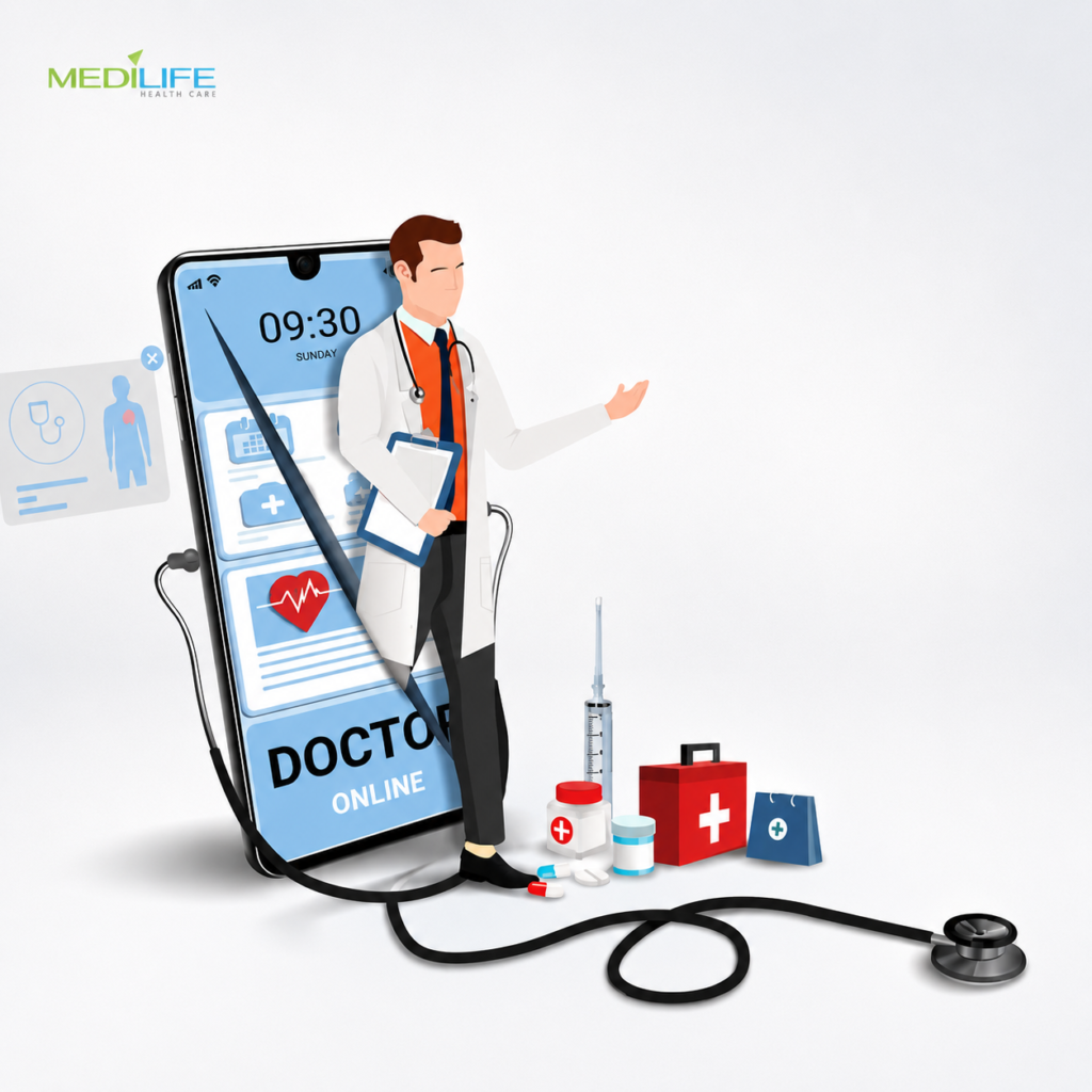 Medilife Home Healthcare Dubai doctor home visit illustration with mobile healthcare app and professional medical services.